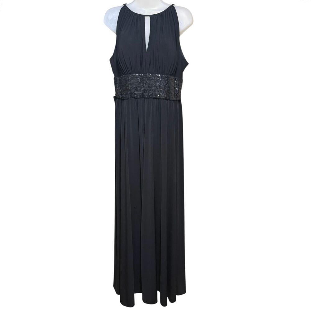R&M Richards Black Evening Dress Sz 14 Keyhole Long Gown Sequins Slit Flaws
